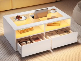 Stolik kawowy 100x50x35cm - z oświetleniem LED - 2 szuflady - Blat szklany - Otwarta przestrzeń do przechowywania - Biały