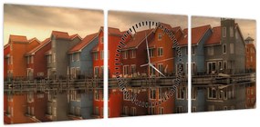 Obraz kolorowych domów (z zegarem) (90x30 cm)