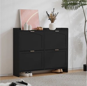 Czarna szafka na buty z 4 drzwiami i otwartymi półkami – do przedpokoju i korytarza