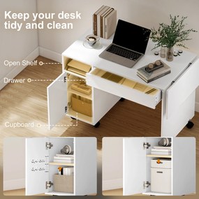 HOMCOM Mobilne biurko komputerowe na kółkach, składane biurko z szafką i szufladą, płyta wiórowa, biały