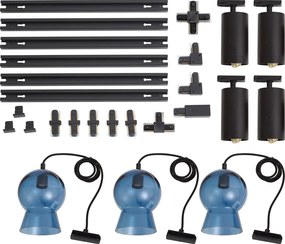 Nowoczesny czarny system szynowy z 4 reflektorami i 3 niebieskimi lampami wiszącymi 1-fazowy - Iconic Bell Jeana Luxe