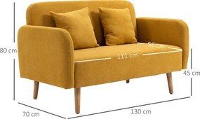 HOMCOM Sofa Dwuosobowa Szara - Kompaktowa Kanapa Loveseat z Poduszkami do Salonu i Biura, żółty+naturalny, 130 x 70 x 80 cm | Aosom PL