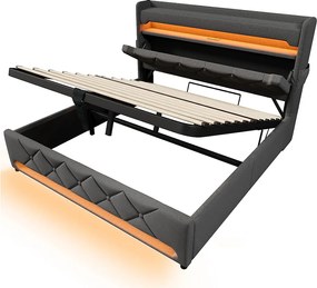 Łóżko 160x200 cm z pojemnikiem - Łóżko dla dorosłych z ładowaniem USB i oświetleniem LED - szary len - bez materaca