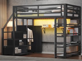 Łóżko na antresoli metalowe 140x200cm - z LED - drabina z pojemnikami - z szafą i półkami - Czarny​ (bez materaca)