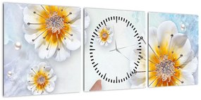 Obraz - Kompozycja z kwiatami i motylami (z zegarem) (90x30 cm)