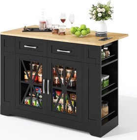 Przenośna wyspa kuchenna - 120 x 40/65 x 92 cm - ze składanym stołem + drzwi szklane + 2 szuflady + gniazdko elektryczne + port USB - MDF - czarny + naturalny