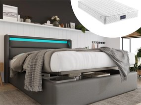 Łóżko ze schowkiem 160 x 200 cm - skóra ekologiczna - diody LED - szare + materac