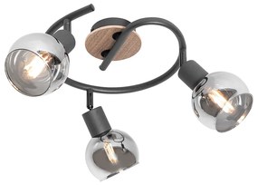 Plafon / Reflektorek / Spot / Spotow / Lampy sufitowe czarny 44,5 cm z przydymionym szkłem i drewnem 3-źródła światła - Vidro Nowoczesny Oswietlenie wewnetrzne