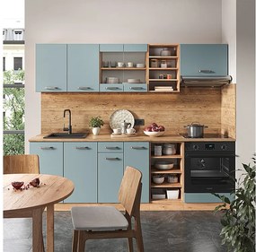 Zabudowa kuchenna niebiesko-szary/złoty dąb 240x46x81.6 r-line