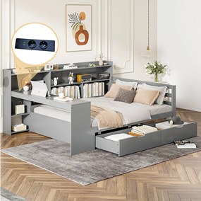 Łóżko 140 x 200 cm z wezgłowiem i 2 szufladami - biurko, przegródki i porty USB - Sosna + sklejka + MDF - Szare