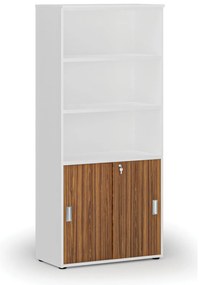 Szafa biurowa kombinowana PRIMO WHITE, drzwi przesuwne na 2 poziomach, 800 x 420 x 1781 mm, biały/orzech