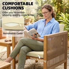Outsunny Zestaw mebli ogrodowych z drewna dla 4 osób – kanapa, 2 fotele, stolik, dekoracja z lin, lamelowe wykończenie, zdejmowane poduszki | Aosom PL