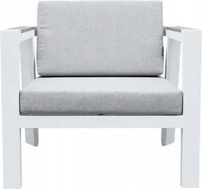 Zestaw mebli ogrodowych biały aluminium sofa fotele stolik drewniane detale