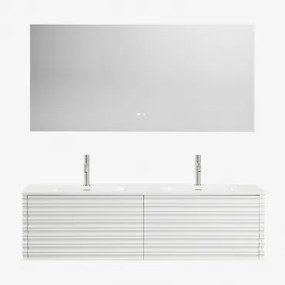 Zestaw Wiszących Mebli Łazienkowych 160x50 Cm Z Drewna Z Wbudowanymi Umywalkami Noura Biała & Prostokątny Led I Przeciwmgielny 160x75 Cm Riben & 2 X S