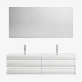 Zestaw Wiszących Mebli Łazienkowych 160x50 Cm Z Drewna Z Wbudowanymi Umywalkami Noura Biała & Prostokątny Led I Przeciwmgielny 160x75 Cm - Sklum