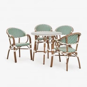 Zestaw Okrągłego Stołu Ø80 Cm I 4 Sztaplowanych Krzeseł Jadalnianych Z Podłokietnikami Z Aluminium Brielle Bistro Green - Gardenia Biel - Sklum