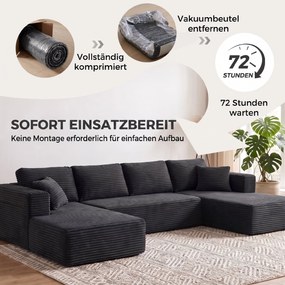 HOMCOM Modułowa sofa w kształcie U z 2 szezlongami, sztruksowa sofa rozkładana z pianką o wysokiej gęstości i sprężynowym wypełnieniem, Ciemnoszara | Aosom PL