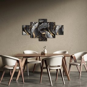 Obraz - Tropikalne liście w kolorze czarno - złotym (125x70 cm)