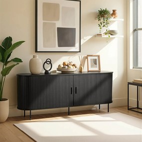 Komoda do Salonu Rozsuwana TRISH 180 cm Czarna Dwudrzwiowa Ryflowana Nowoczesna