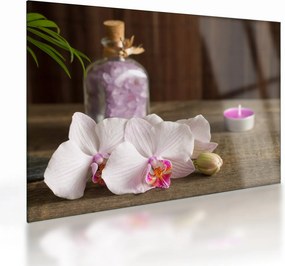 Obraz na szkle - Świeca i orchidee (70x50 cm)