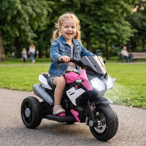 HOMCOM Elektryczny motocykl dziecięcy, światła i dźwięki, 3 km/h, akumulatorowy, tworzywo sztuczne i metal, Różowy/Biały | Aosom PL