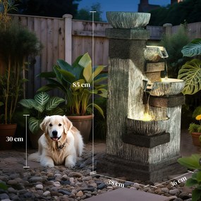 Outsunny 85 cm Zewnętrzna Fontanna, Czteropoziomowa Dekoracyjna Fontanna, Sztuczny Wodospad z Oświetleniem LED i Pompą, Szara