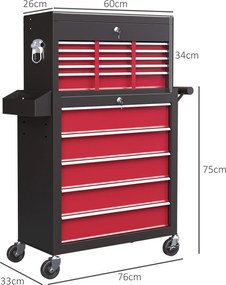 HOMCOM Wózek narzędziowy, dwuczęściowy, zamykany, z 14 szufladami, perforowaną ścianą, stal, Czerwony