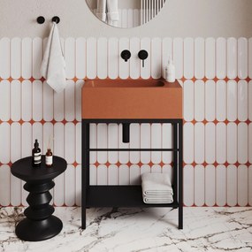 Umywalka betonowa wisząca / nablatowa prostokątna bez otworu na baterię 65 x 30 cm z półką ZALM | różne kolory : Kolor - Ceglasty, Typ montażu - nablatowa