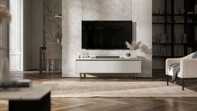 Ryflowana szafka RTV Selene 140 cm, biała na złotych płozach