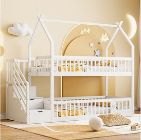Łóżka piętrowe dla dzieci - 2 x 90 x 200 - ze schodkami do przechowywania + barierkami + dachem - drewniane - białe