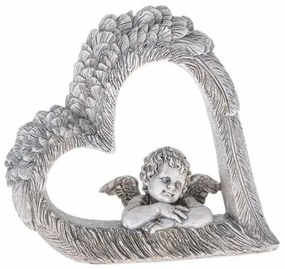 Dekoracja serce z aniołem, szary, polyresin, 14,5 x 13,5 x 4 cm