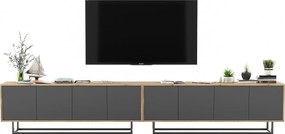 Szafka RTV z 8 drzwiami – korpus dąb wotan, fronty grafit mat – 300 cm, metalowy stelaż