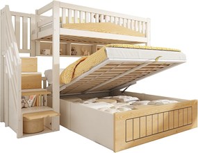 Łóżko piętrowe 90x200cm + 140x200cm - Dolne łóżko z miejscem do przechowywania - drabina z pojemnikami - z portem USB - Biały+Naturalny​ (bez materaca)