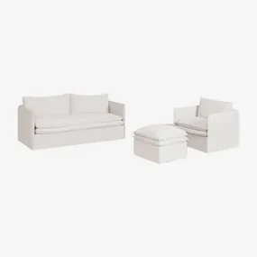 Zestaw Do Salonu Grace Z Lnu I Bawełny, Składający Się Z 3-osobowej Sofy, Fotela I Pufy Tkaniny Distressed White - Sklum