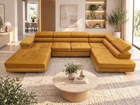 Duża sofa narożna z regulowanymi zagłówkami i pojemnikiem na pościel, złoty/musztardowy, Aspen U, prawy