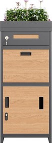 Szafka na paczki i listy z zamkiem szyfrowym + kwietnik - 50 x 37 x 118,5 cm - metalowa - szara + naturalna