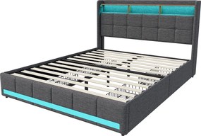 Łóżko 140x190 cm z oświetleniem LED i USB, 4 szufladami i schowkiem na pościel w zagłówku, len, kolor szary