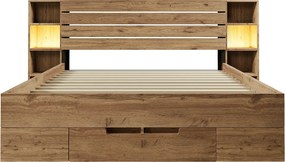 Łóżko podwójne 160 x 200 cm z szufladami i półkami do przechowywania - lampka do czytania i gniazda USB - Lite drewno - Dąb (bez materaca)