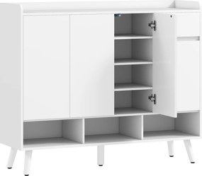 HOMCOM Szafka na buty z bezuchwytowym designem, 4 drzwi, 4 regulowane półki, wolnostojący regał na buty z 5 drewnianymi nogami, drewno, Biały