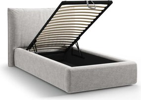 Jasnoszare tapicerowane łóżko jednoosobowe ze schowkiem i stelażem 90x200 cm Kaelle – Micadoni