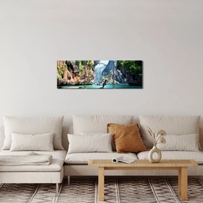 Obraz długiej łodzi na plaży (z zegarem) (90x30 cm)
