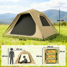 Outsunny Ekspresowy namiot pop-up z ochroną przed deszczem, wodoodporny namiot kopułowy dla 3-4 osób z 2 drzwiami 2 oknami 240x240x160 cm khaki | Aosom PL