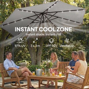 Outsunny Parasol ogrodowy LED solar Ø300 cm, obrotowy, z korbą, stojakiem i pokrowcem, jasnoszary | Aosom PL