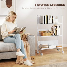 HOMCOM Regał na książki Regał do przechowywania z 3 półkami, na kółkach, regał na zabawki do sypialni, 69 x 26 x 108 cm, biały