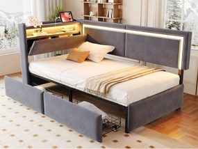 Rozkładana sofa 90x200 cm - z oświetleniem LED i portem ładowania USB - 2 szuflady - tapicerka welurowa - ciemnoszary