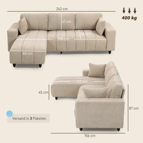 HOMCOM Narożnik w kształcie L z elastycznym szezlongiem, 3-osobowa sofa z 2 poduszkami, stalowy stelaż, do salonu, beżowy