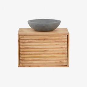 Zestaw Wiszących Mebli Łazienkowych Z Drewna Deleyna Naturalna & Okrągły Szary Cement Ø40 Cm Tarsis & Bezlusterkowiec & Bez Kranu - Sklum