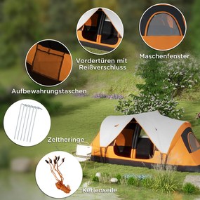 Outsunny Namiot Campingowy z 2 Pokojami, Przegrodą, dla 8 Osób, Ochrona przed Deszczem, Pomarańczowy