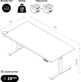 Biurko elektryczne z regulacją wysokości ergonomiczne antracytowo-białe, 1600x800 mm: ARIA