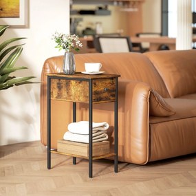 HOMCOM Stolik boczny z otwartą półką i szufladą, stolik nocny, metalowe nogi, drewno, brązowy